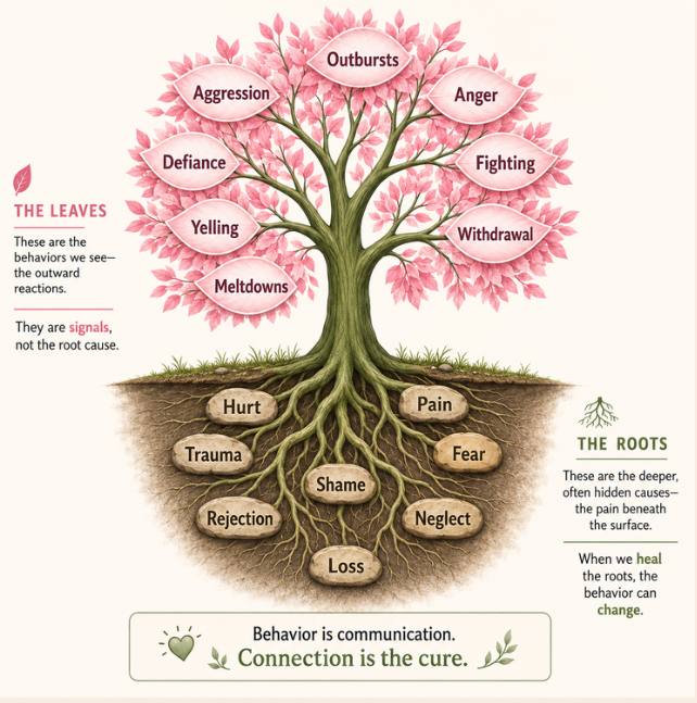Tree illustration showing visible behaviors such as aggression, outbursts, anger, defiance, yelling, fighting, withdrawal, and meltdowns as leaves, with deeper experiences including hurt, trauma, shame, pain, fear, rejection, neglect, and loss shown among the roots